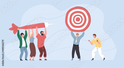 Vector flat cartoon characters teamwork metaphor.Successful team of startup business employees aim at target with a huge dart-goal achievment symbol of team victory success,web online design concept photo