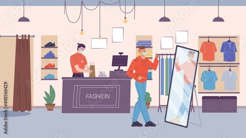 Vector flat cartoon character tries new trendy clothes outfit at fashion shop during coronavirus pandemic quarantine.Covid prevention,protection-wearing face masks,social distancing medical concept