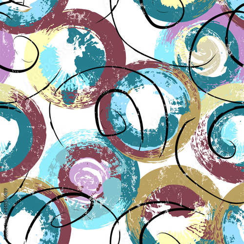 seamless background pattern, with circles, swirls, paint strokes and splashes, grungy