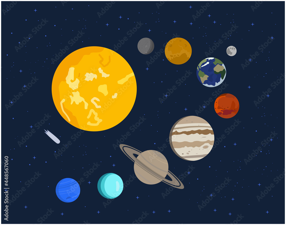 Vector illustration of the planets of the solar system, comet, stars, sun.