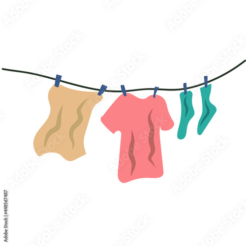 Hanging clothes on washing line. Washing concept. Trendy Vector illustrations. Flat style. Isolated on white background