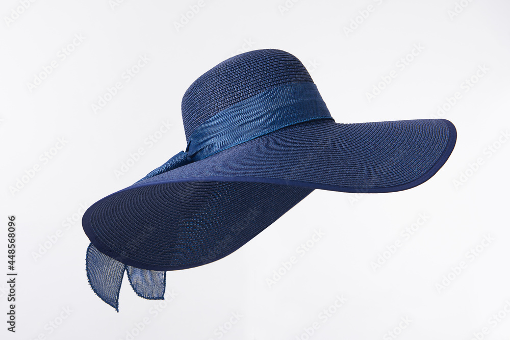 Vintage Panama hat, Woman hat isolated on white background, Women's beach hat, Blue hat. - obrazy, fototapety, plakaty 