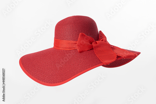 Vintage Panama hat, Woman hat isolated on white background, Women's beach hat, red hat.