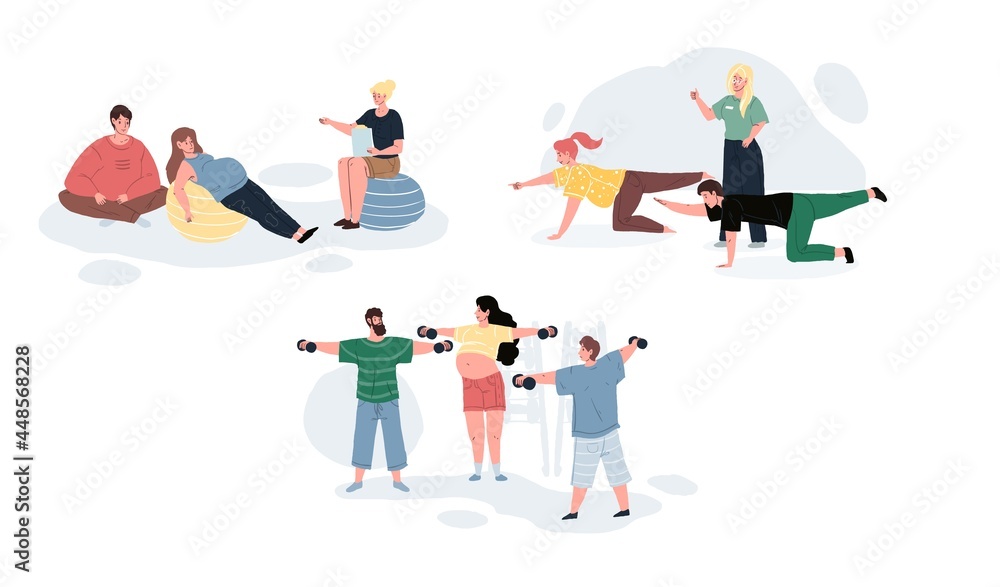 Vector flat cartoon characters,pregnant women doing exercises in sports class-preparing to childbirth courses for future mothers.Web online design-sporty life scene,healthy lifestyle,social concept