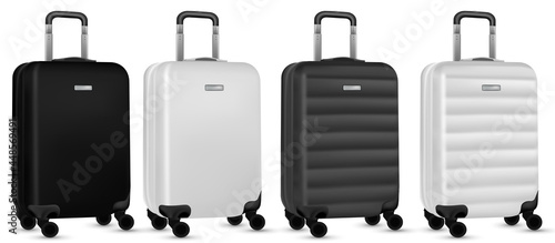 Travel suitcase isolated. Set of silver plastic luggage or vacation baggage bag on white background. Design of summer vacation holiday concept.