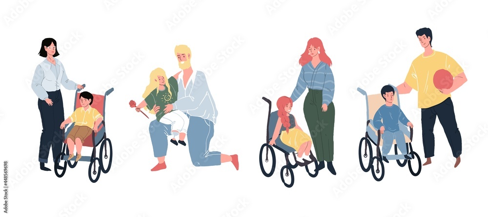 Vector cartoon flat characters,happy smiling children with disabilities,physical disorder or impairment and their loving parents-equal human rights,healthy society,social justice concept design Vector cartoon flat characters,happy smiling children with disabilities,physical disorder or impairment and their loving parents-equal human rights,healthy society,social justice concept design
