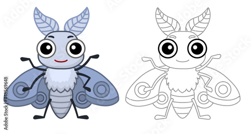 Coloring Insect for children coloring book. Funny moth in a cartoon style. Trace the dots and color the picture