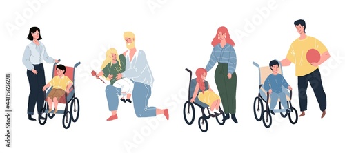 Vector cartoon flat characters happy smiling children with disabilities physical disorder or impairment and their loving parents-equal human rights healthy society social justice concept design