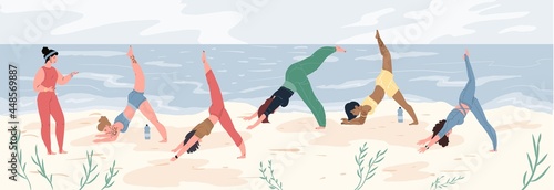 Vector flat cartoon women characters doing yoga-sports class,group of girls perform yoga poses on beach with help of trainer.Web online design-sporty life scene,healthy lifestyle,social concept