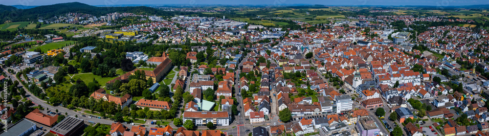 Aerial view around the city Winnenden in Germany. On sunny day in spring