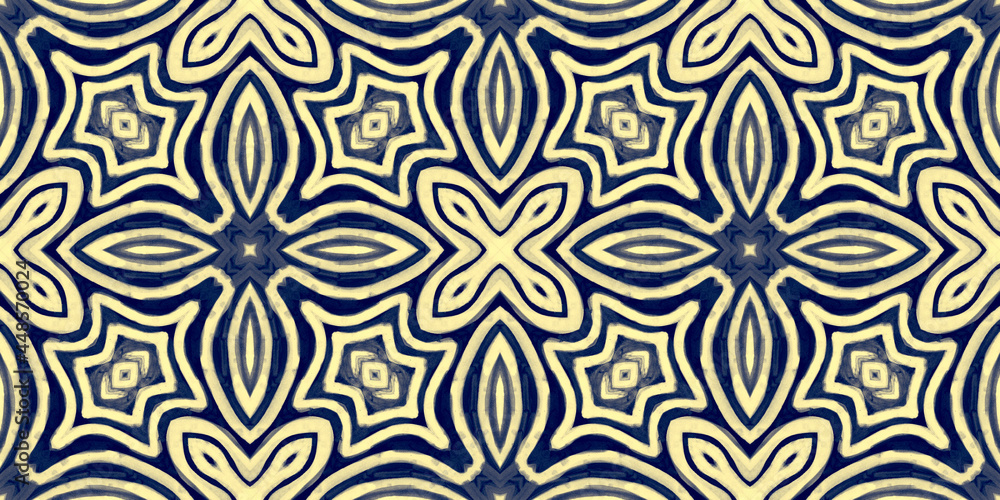 Ethnic Seamless Design. Yellow Bohemian Wallpaper. Abstract Hand drawn Artwork. Indigo Hippie Print Boho. Geometric Tie Dye Border. Folk Boho Rug. Indigo Scarf Tapestry.