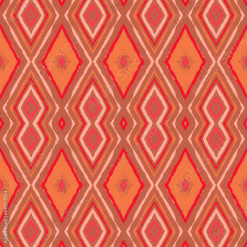 Ethnic Seamless Design. Orange Geometric Ornament. Abstract Handmade Border. Red Hippie Geo Boho. Bohemian Tie Dye Artwork. Tribal Floral Tile. Orange Apparel Tapestry.