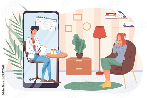 Vector flat cartoon patient,doctor characters.Physician examines medical card of sick woman with viral infection from mobile screen app-coronavirus treatment,web online therapy,telemedicine concept