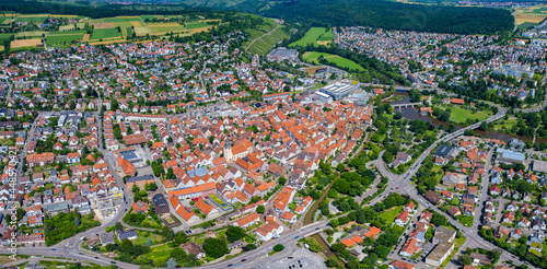 Aerial view of the old town in Bietigheim-Bissingen in Germany. On a sunny day in spring.