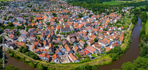 Aerial view around the old town of the city Oberriexingen in Germany. On sunny day in spring