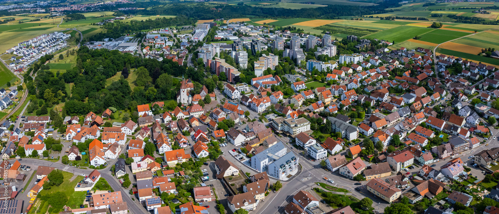 Aerial view around the city Hemmingen in Germany. On sunny day in spring