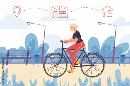 Flat cartoon girl character rides bicycle at city park during coronavirus pandemic quarantine.Young woman in face mask riding bike-covid prevention and protection,social distancing medical concept