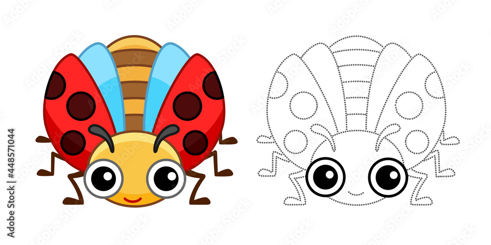 Fototapeta premium Coloring Insect for children coloring book. Funny ladybug in a cartoon style. Trace the dots and color the picture