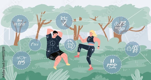 Vector flat cartoon characters doing sport activities outdoor in park,health icons indicators indicate their physical condition.Web online design-sporty life scene,healthy lifestyle,social concept