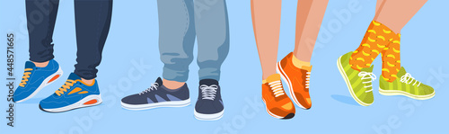 Collection human legs in sneakers vector flat illustration man and woman feet wearing sport footwear