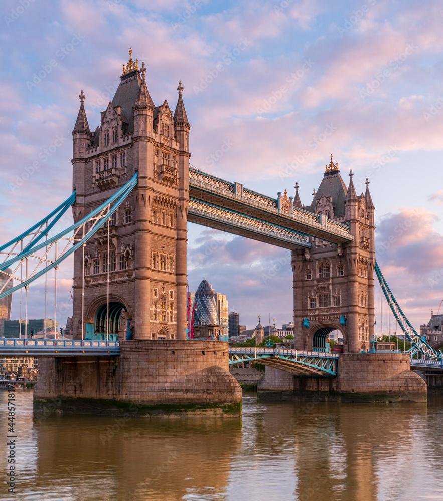 London skyline with Tower Bridge at twilight August 2021