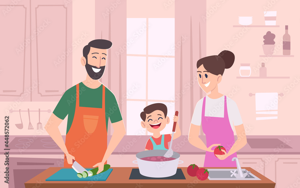 Family couple kitchen. Kids with parents preparing food and serving table at kitchen exact vector cartoon background Family couple kitchen. Kids with parents preparing food and serving table at kitchen exact vector cartoon background
