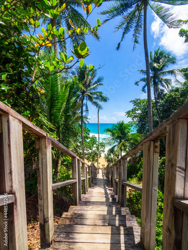 Wooden steps leading down to the beach. Wooden stairs down to the tropical beach. Phuket freedom beach Thailand. Summer day holiday vacation concept