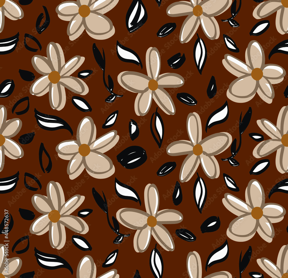 Fototapeta premium Abstract Hand Drawing Retro Flowers and Leaves Seamless Vector Pattern Isolated Background