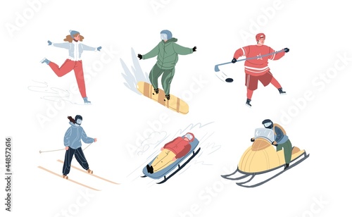 Set of flat cartoon characters doing sport activities outdoor at winter-skating,snowboarding,hockey,skiing,bobsleigh,snowmobile riding.Lifestyle and sports social concept,various poses and emotions.