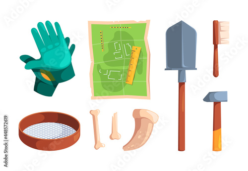 Archeology tools. Digging items archiological equipment for ancient knowledge antique artifacts skull and bones adventure map garish vector collection