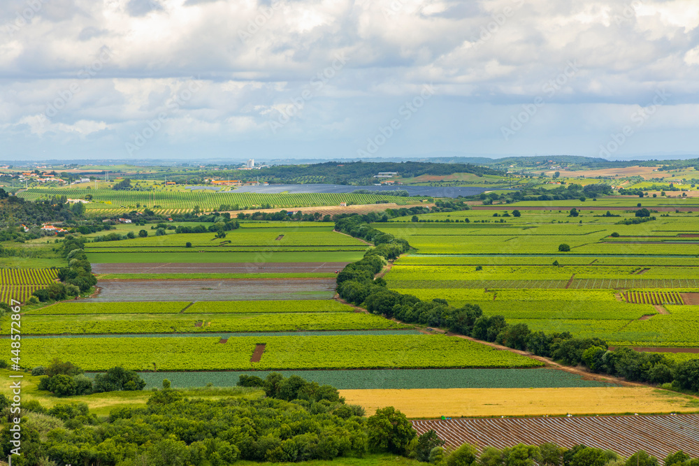 Agricultural fields landscape with dramatic sky.