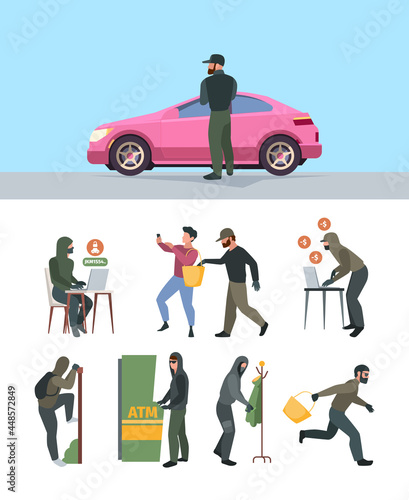 Robbery persons. Bad scary and dangerous asked thieves handbag victim burglary characters computer hackers garish vector colored flat illustrations isolated