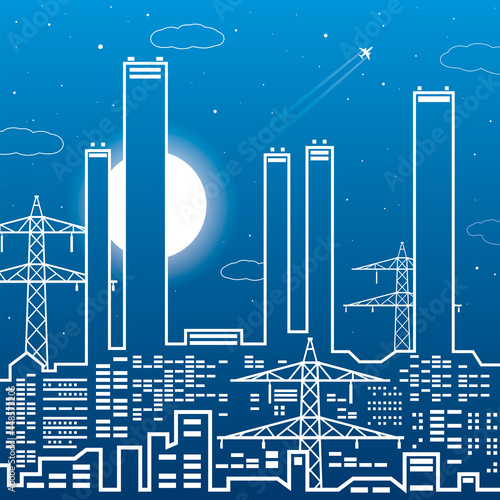 Outlines Power plant, energy industry illustration, urban night scene. Factoty infrastructure. Vector design art photo