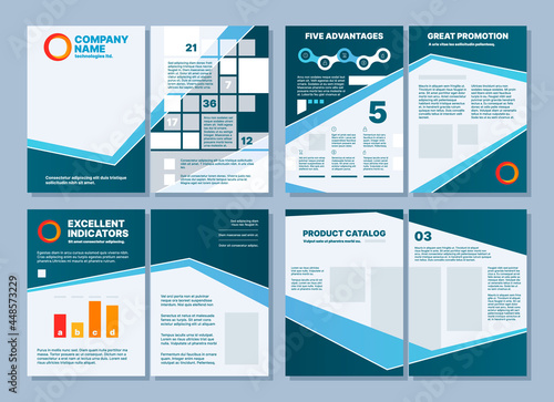 Business brochure. Printing pages layout template frames text titles and symbols catalog checklists magazine or brochure presentation design garish vector reports professional