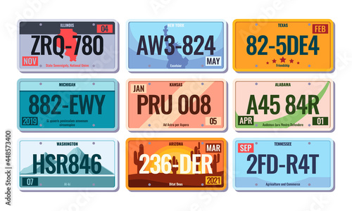 Car license numbers. Steel plates with numbers for vehicles america colorado texas nebraska garish vector templates