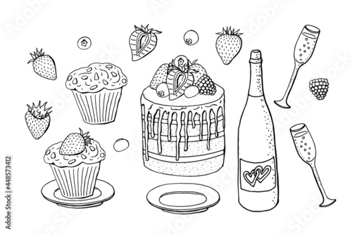 Set of 15 cute line art style hand drawn colorful dessert illustrations on white background