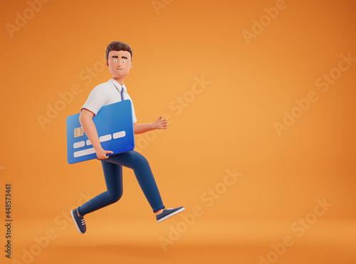 Happy cartoon businessman in white shirt run with big credit card over yellow background with copy space. Bank service concept.