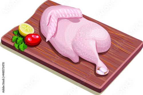 Vector illustration of Raw half chicken with skin arranged on wooden board and garnished with lemon slices ,tomato and coriander.
