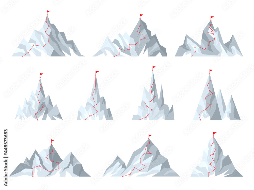 Mountain goals. Route red line to goal planning business destination concept pictures for successful climbers adventure trip to peak recent vector collection pictures Mountain goals. Route red line to goal planning business destination concept pictures for successful climbers adventure trip to peak recent vector collection pictures
