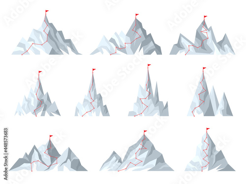 Mountain goals. Route red line to goal planning business destination concept pictures for successful climbers adventure trip to peak recent vector collection pictures