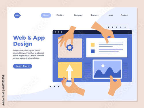 Hands app programming landing. Design studio ui application creation creative processes human hands holding interface geometrical ellements recent vector web page template