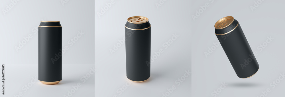 3d illustration. Branding template. Black and gold can of beer, water, on a gray background. Render 3d illustration. Branding template. Black and gold can of beer, water, on a gray background. Render