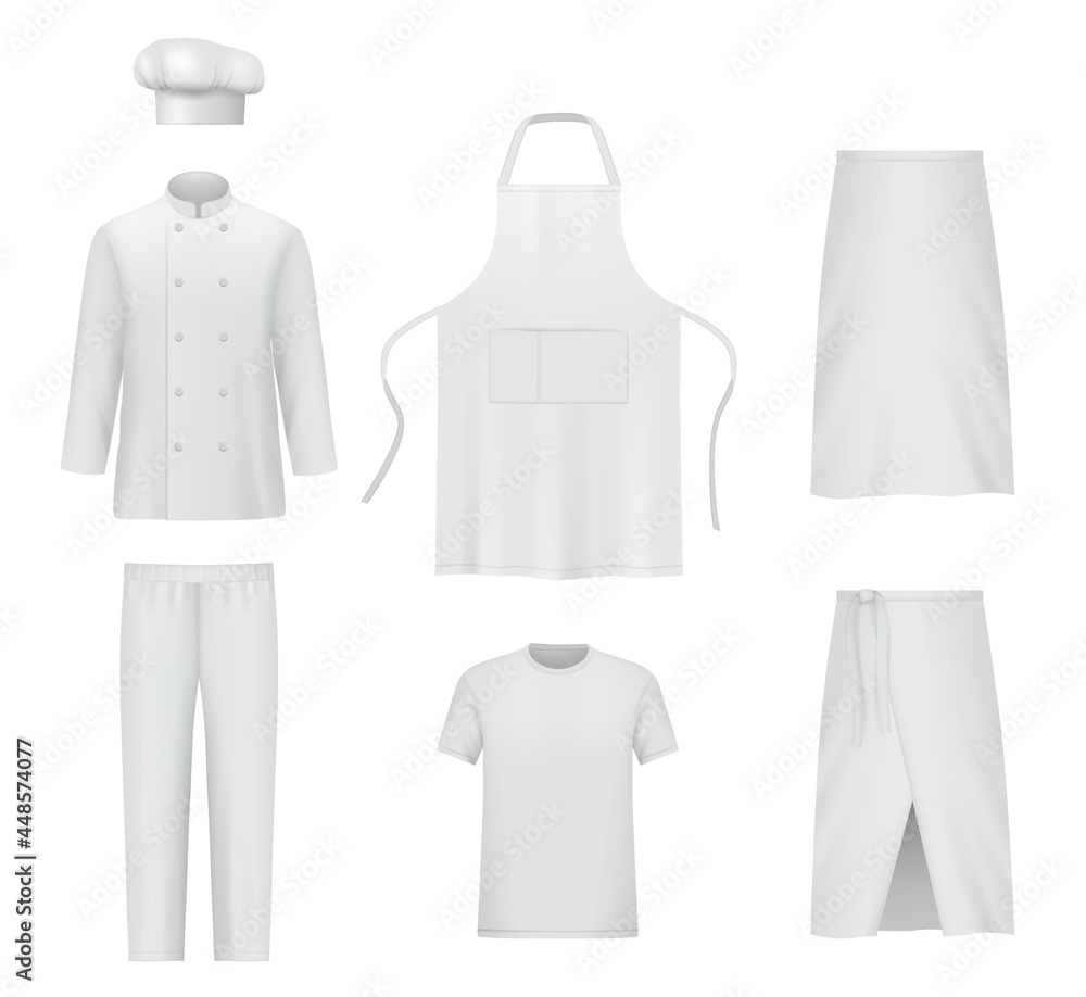Professional clothes. Chef uniform pants and jacket realistic suit of cook  for preparing food decent vector mockup collection Stock Vector | Adobe  Stock