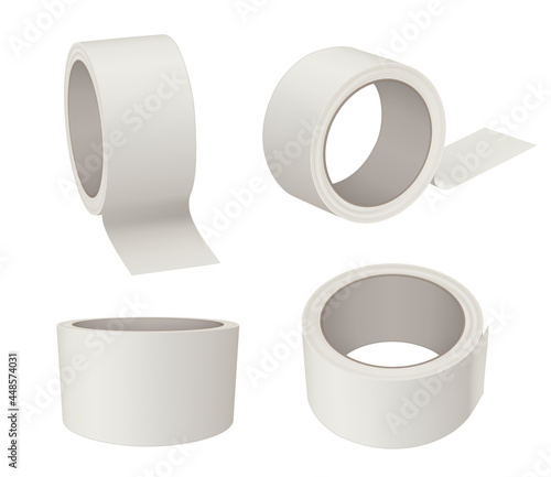 Sticky tape. Realistic white tape roll 3d view office supply items decent vector business mockup template collections