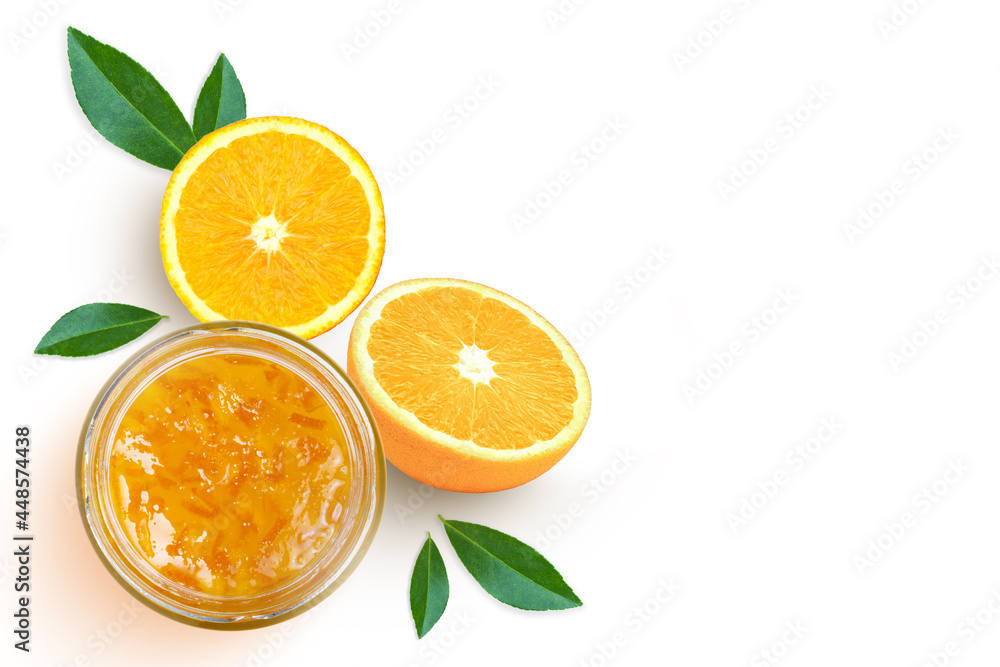 Orange jam in glass jar on white. Top view. Orange jam in glass jar on white. Top view.