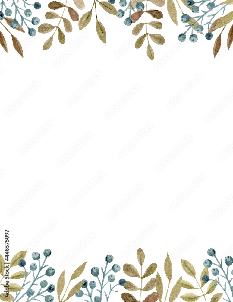 Hand drawn watercolor painting with greenery frame composed of green twigs and leaves. Foliage frame for wedding invitation or greenery border for stationery. Hand drawn watercolor painting with greenery frame composed of green twigs and leaves. Foliage frame for wedding invitation or greenery border for stationery.