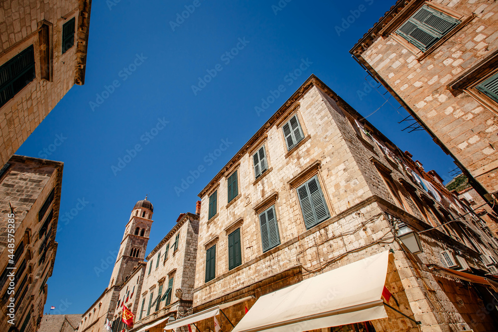 View at historic square in city center of famous Dubrovnik town, Croatia Europe.