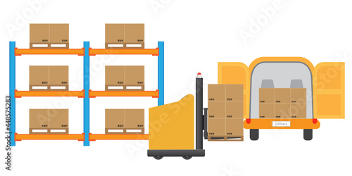 AGV Automated Guided Vehicles forklift loading goods to delivery truck. Vector and illustration design.