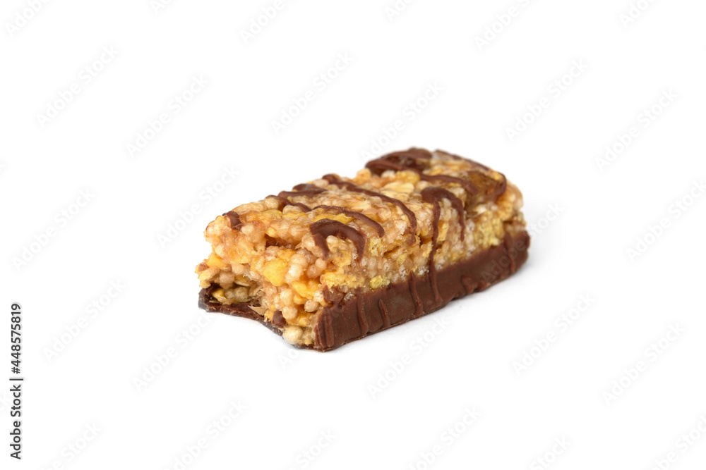 Granola bar with chocolate isolated on white background.