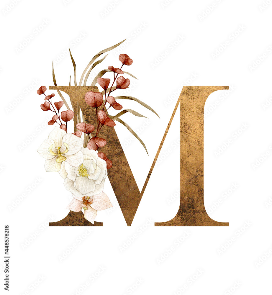 Floral Alphabet - letter M with flowers bouquet composition and delicate gold texture. Unique collection for wedding invites decoration and many other concept ideas. - obrazy, fototapety, plakaty 